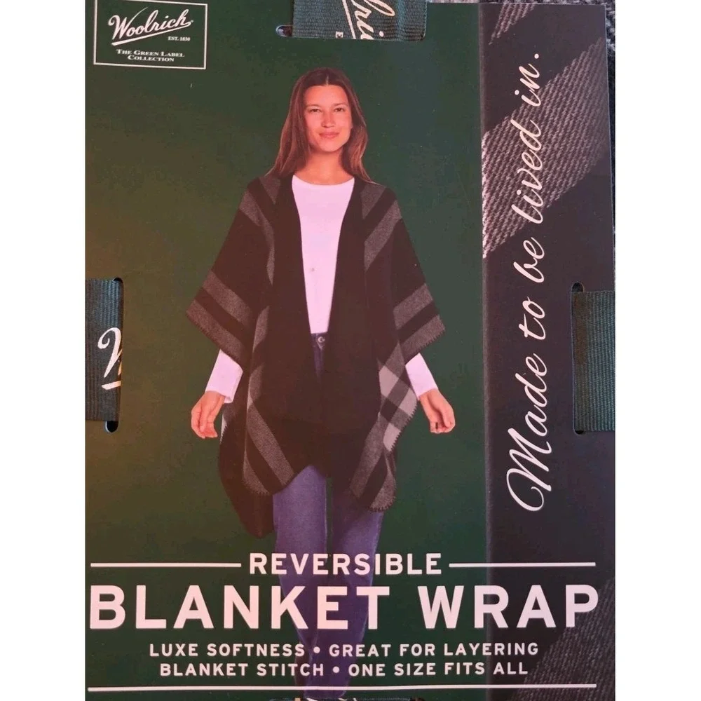🆕 Woolrich Reversible Blanket Wrap – Luxe Softness, One Size Black / Grey Strip